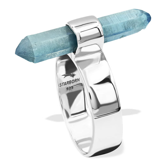 Starborn Aqua Aura Quartz Crystal with Silver Band Ring in Sterling Silver