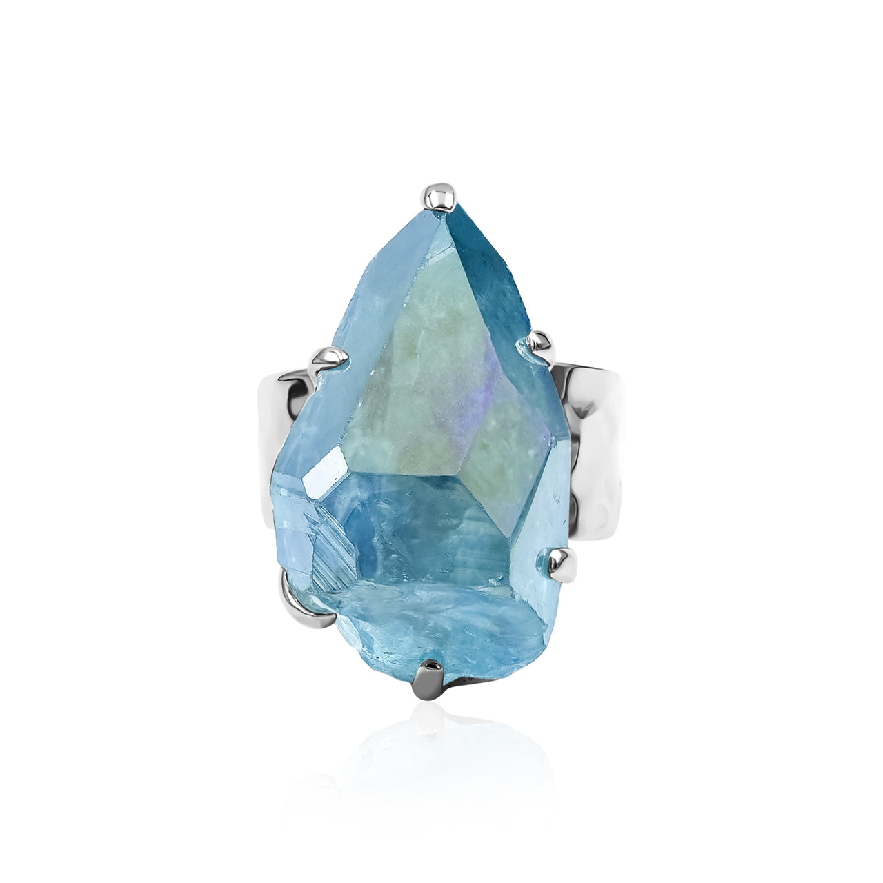 Starborn Aqua Aura Quartz Crystal Prong Set Ring in Sterling Silver