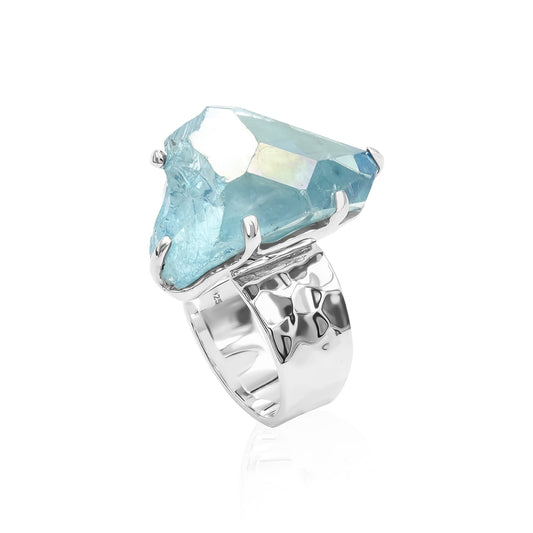Starborn Aqua Aura Quartz Crystal Prong Set Ring in Sterling Silver