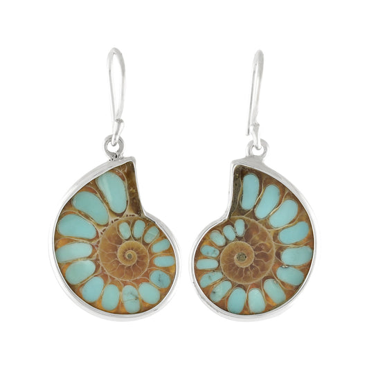 Starborn Ammonite with Turquoise Inlay Earrings in Sterling Silver