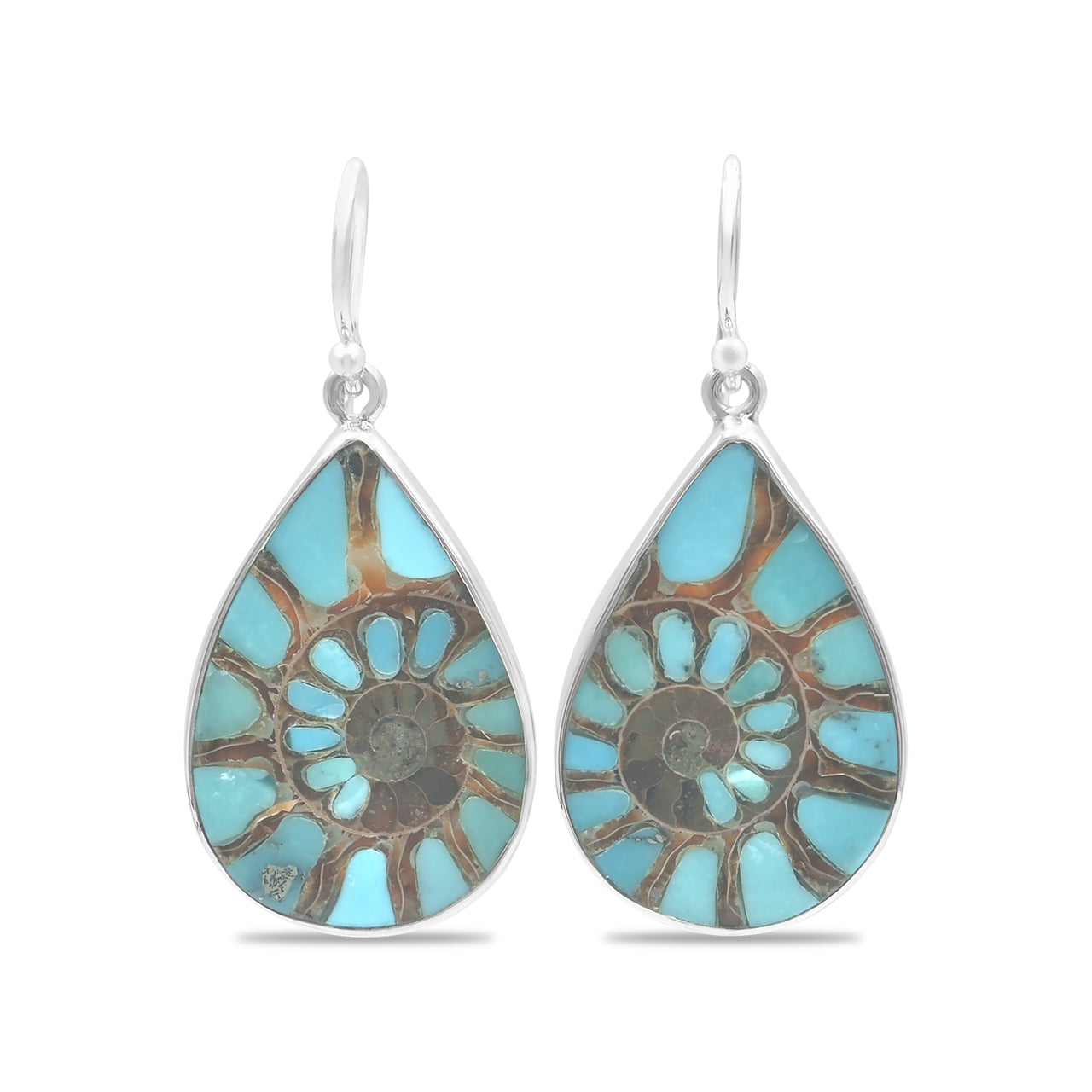 Starborn Ammonite with Turquoise Inlay Pear-Shaped Earrings in Sterling Silver