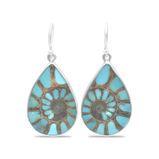 Starborn Ammonite with Turquoise Inlay Pear-Shaped Earrings in Sterling Silver