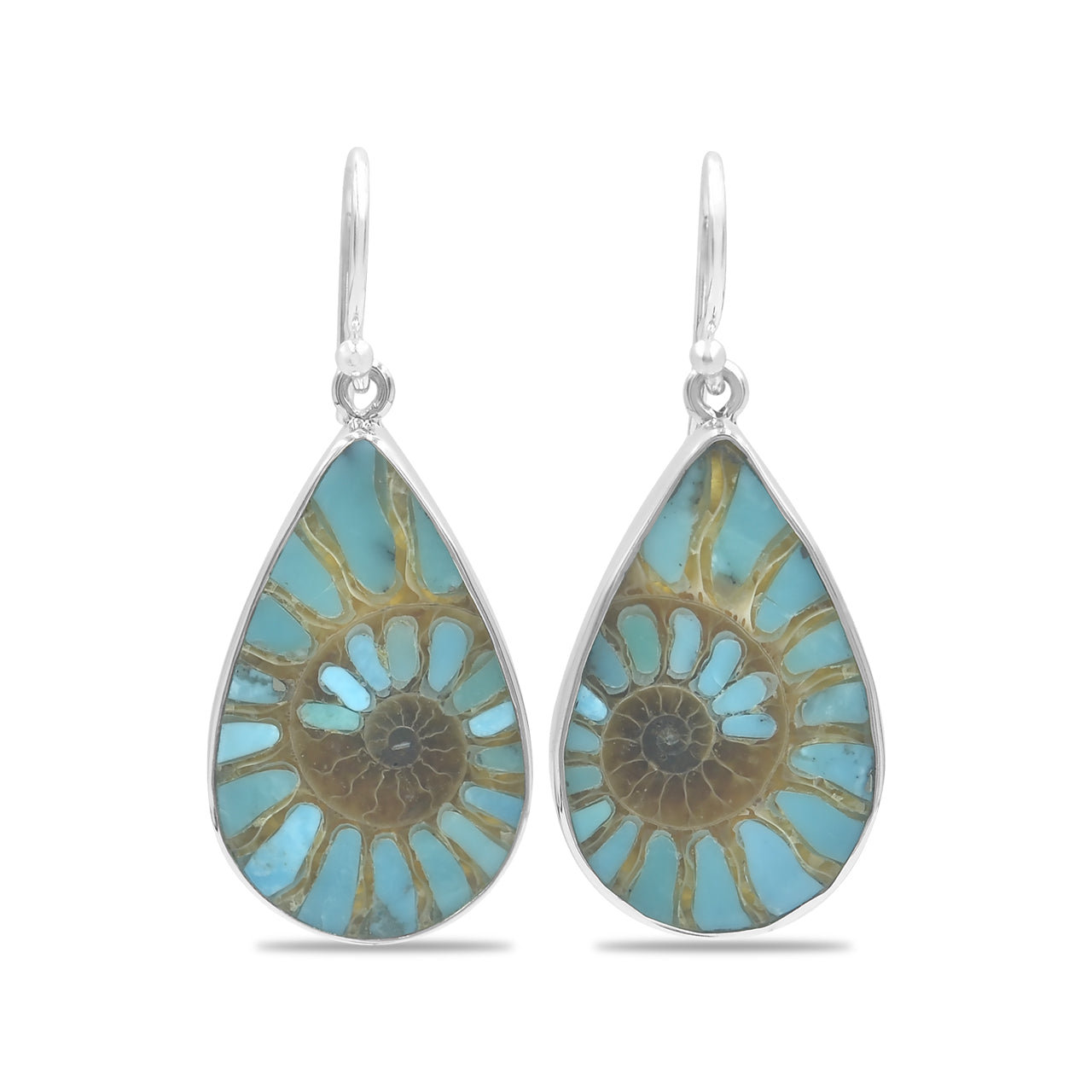 Starborn Ammonite with Turquoise Inlay Pear-Shaped Earrings in Sterling Silver