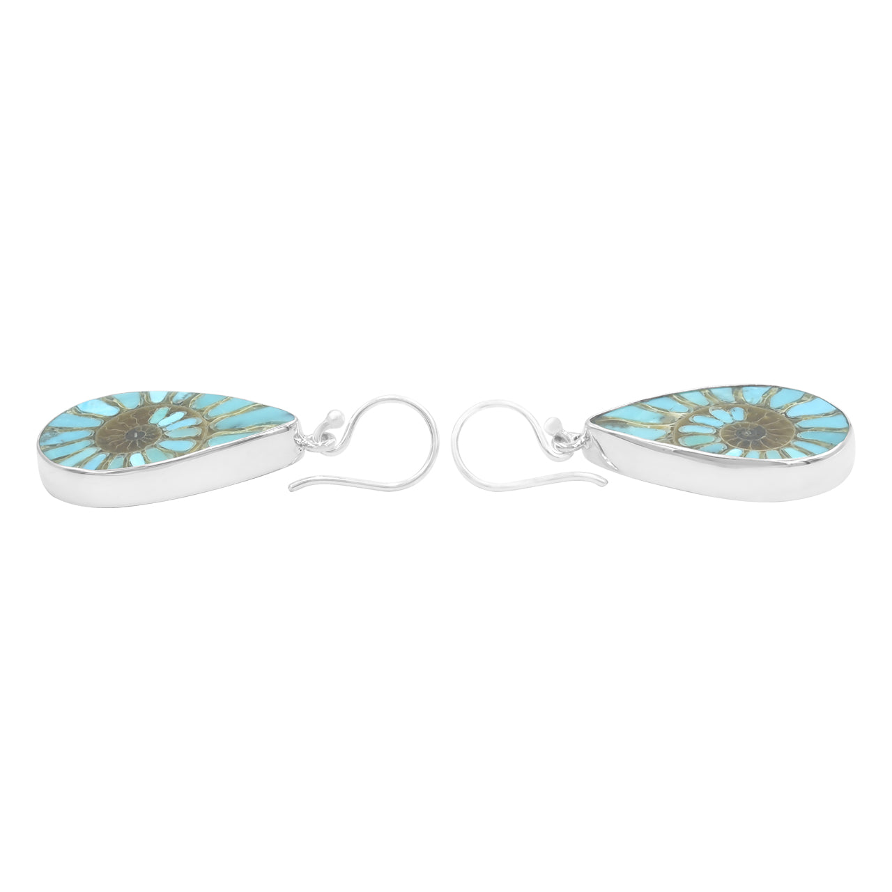 Starborn Ammonite with Turquoise Inlay Pear-Shaped Earrings in Sterling Silver
