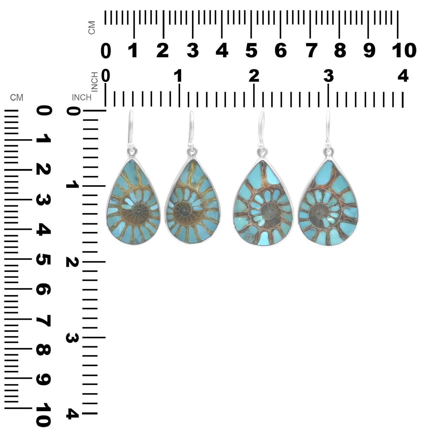 Starborn Ammonite with Turquoise Inlay Pear-Shaped Earrings in Sterling Silver