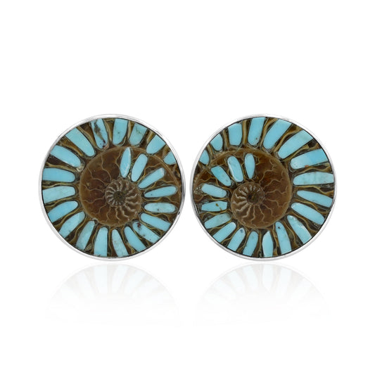 Starborn Ammonite with Sleeping Beauty Turquoise Inlay Post Earrings in Sterling Silver