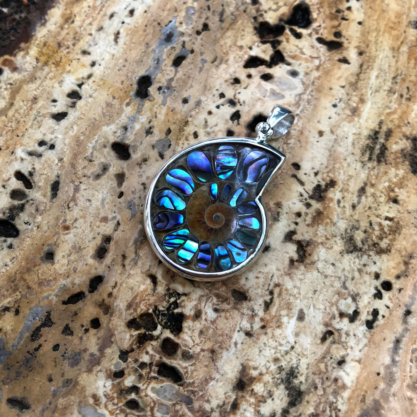 Starborn Ammonite with Abalone Shell Inlay Pendant in Sterling Silver - Small