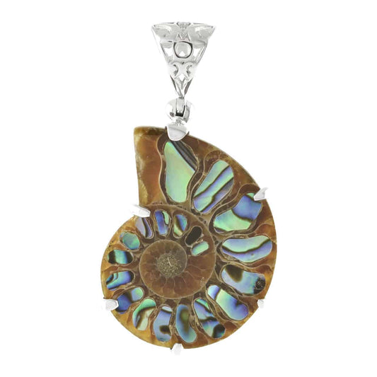 Starborn Ammonite with Abalone Shell Inlay Pendant in Sterling Silver - Large