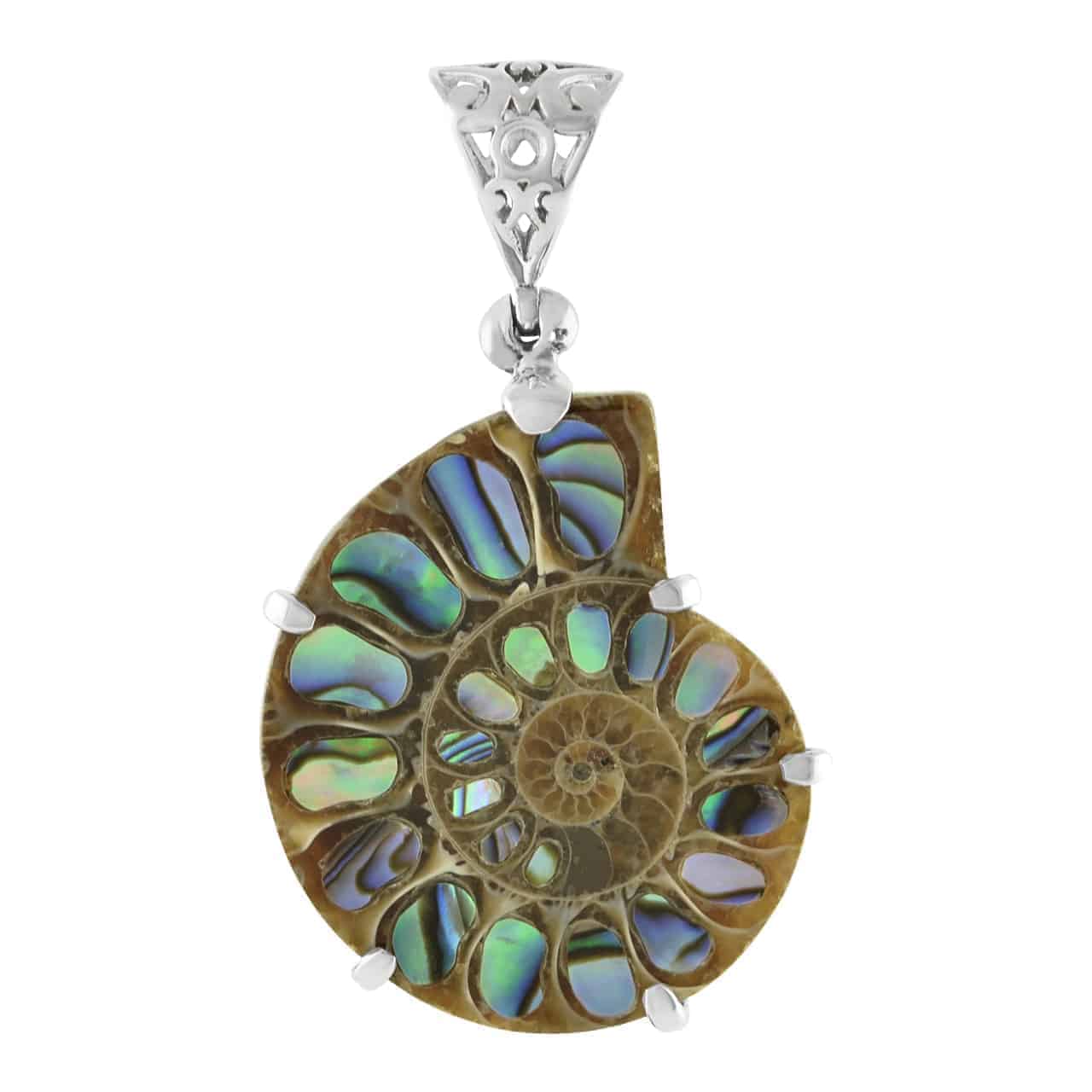 Starborn Ammonite with Abalone Shell Inlay Pendant in Sterling Silver - Large