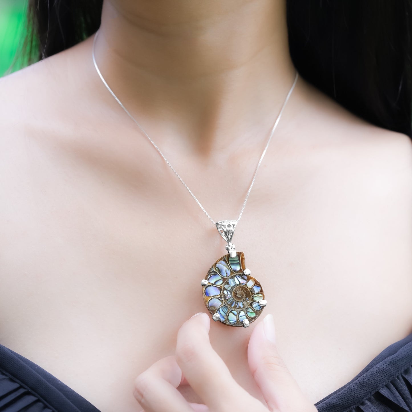 Starborn Ammonite with Abalone Shell Inlay Pendant in Sterling Silver - Large