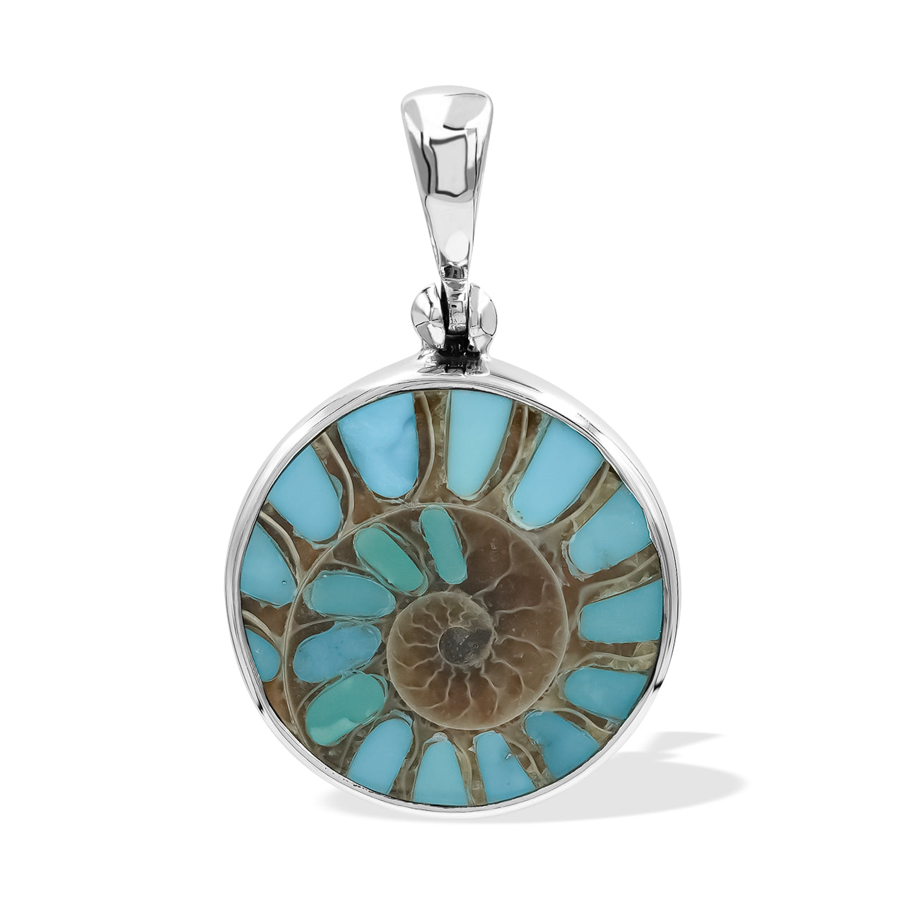 Starborn Round Ammonite with Sleeping Beauty Turquoise Inlay Pendant in Sterling Silver