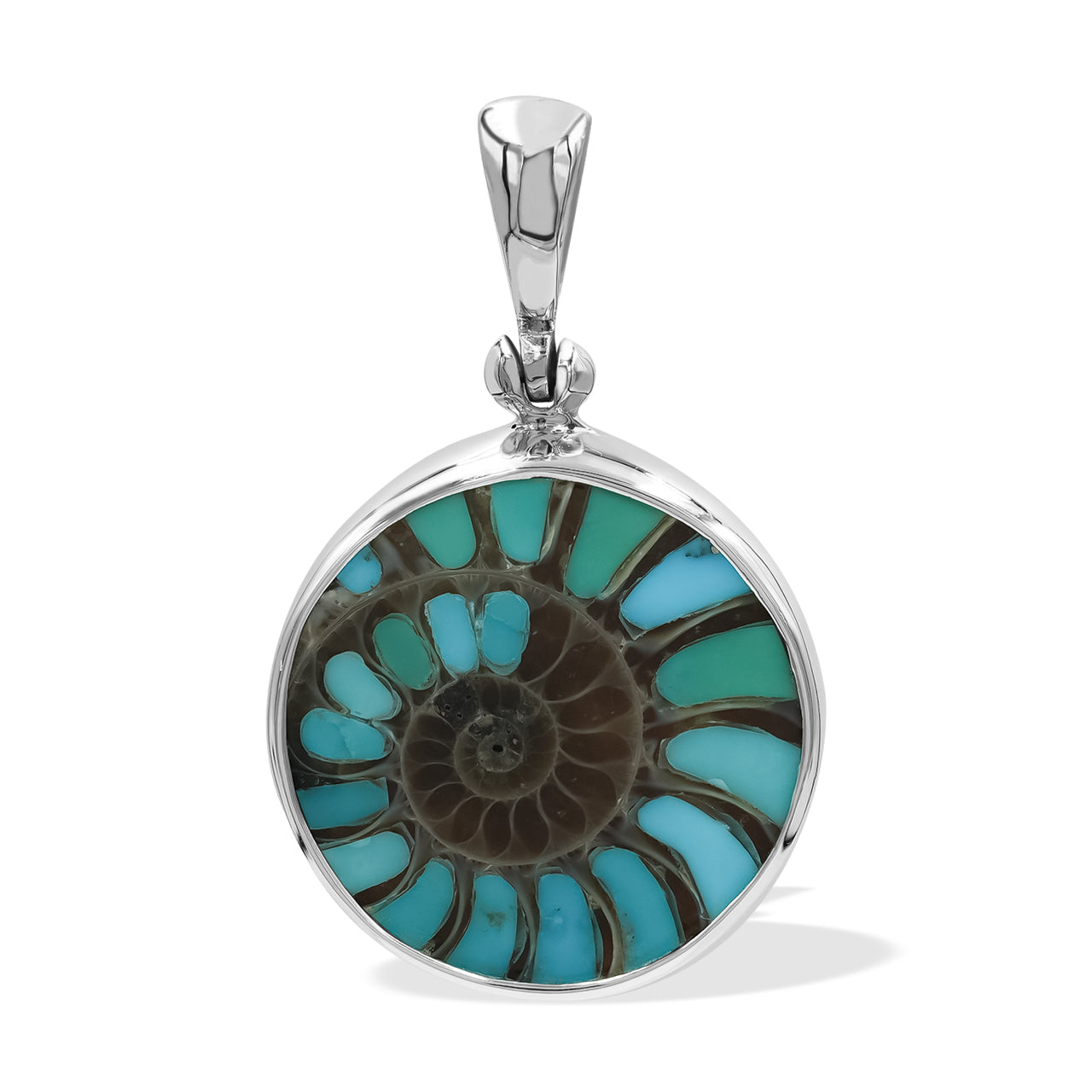 Starborn Round Ammonite with Sleeping Beauty Turquoise Inlay Pendant in Sterling Silver