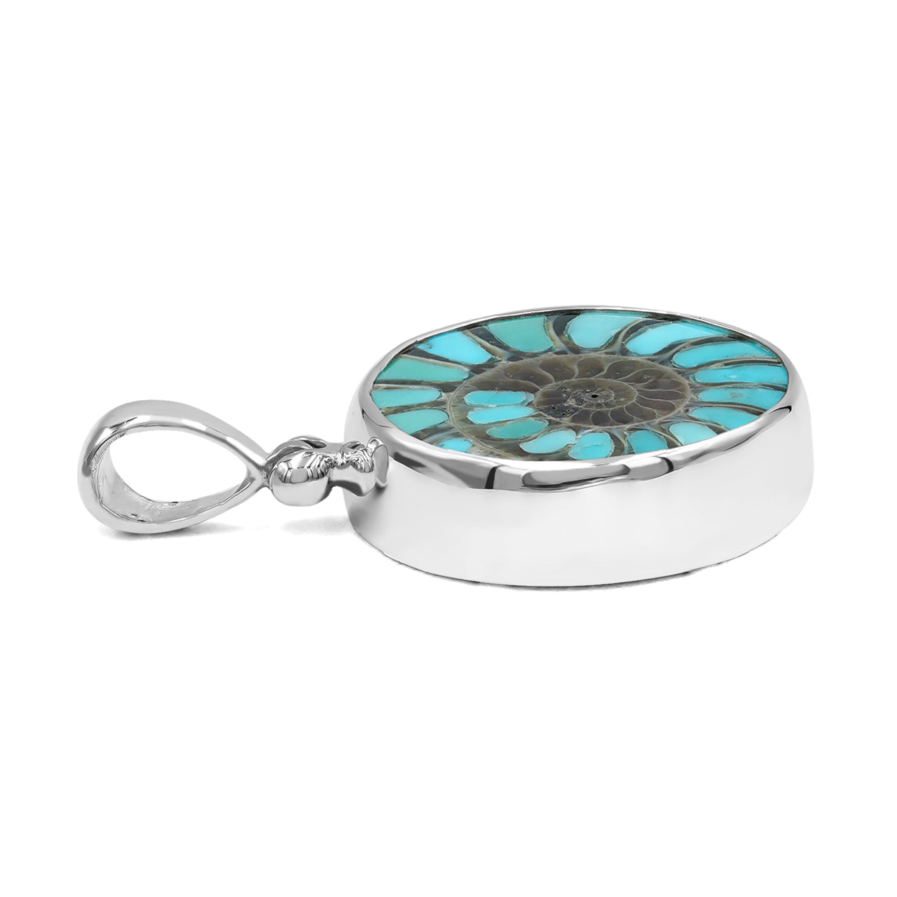Starborn Round Ammonite with Sleeping Beauty Turquoise Inlay Pendant in Sterling Silver