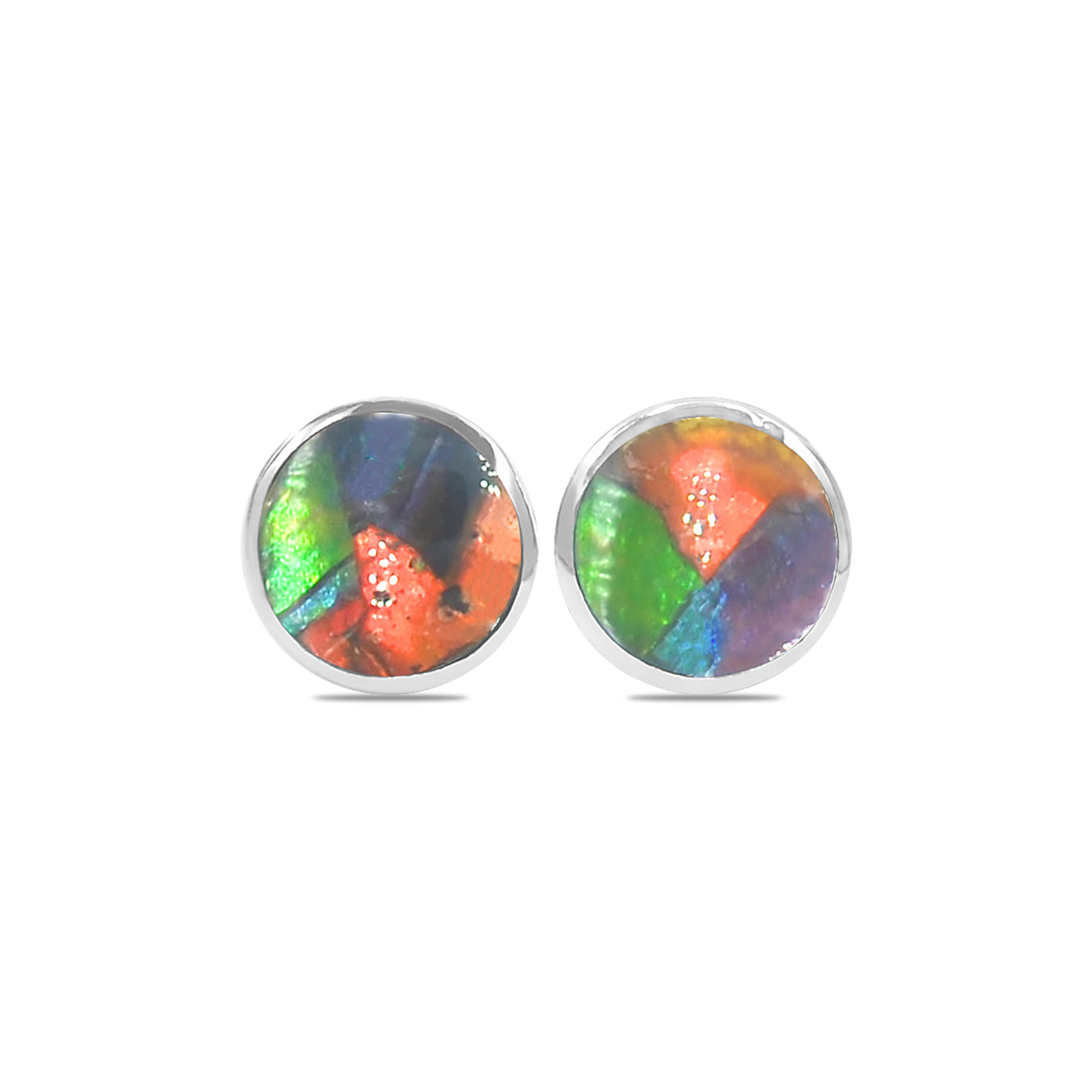 Starborn Round Ammolite Single Bezel Post Earrings in Sterling Silver
