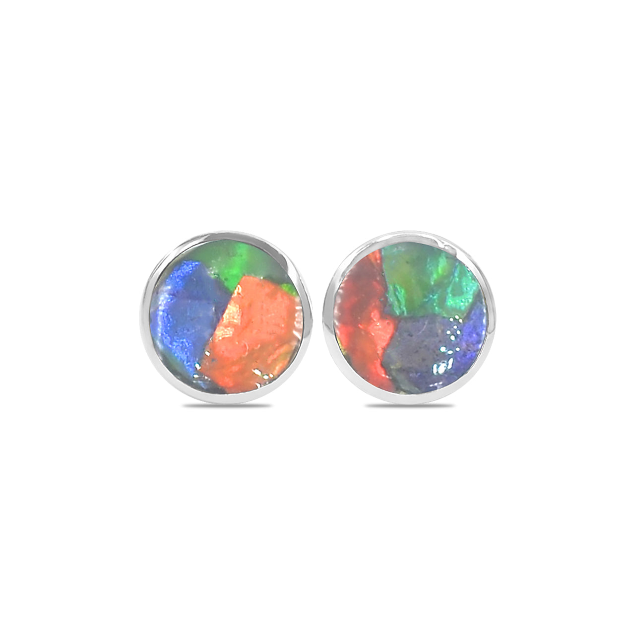 Starborn Round Ammolite Single Bezel Post Earrings in Sterling Silver