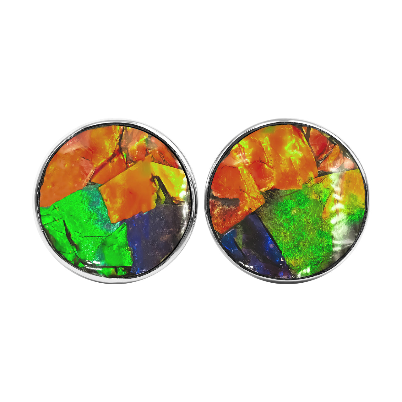 Starborn Round Ammolite Single Bezel Post Earrings in Sterling Silver