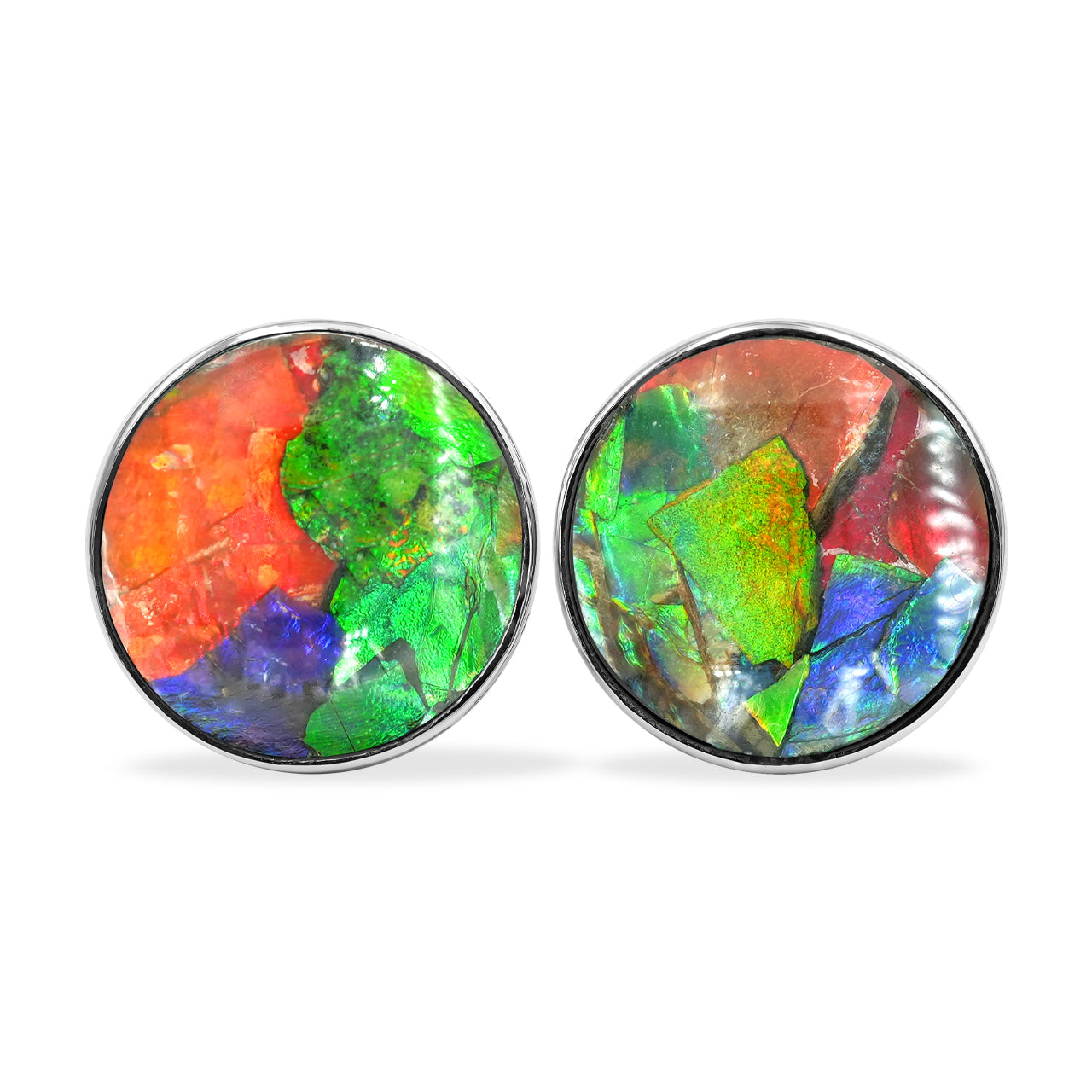 Starborn Round Ammolite Single Bezel Post Earrings in Sterling Silver