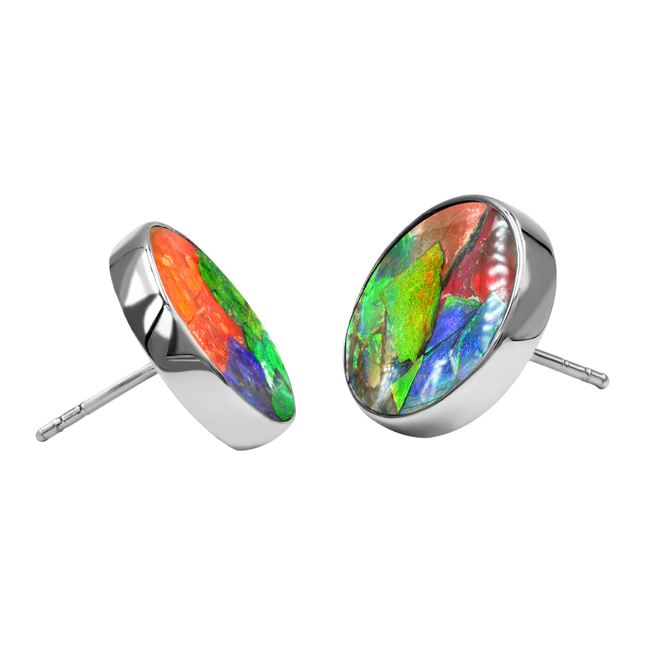 Starborn Round Ammolite Single Bezel Post Earrings in Sterling Silver