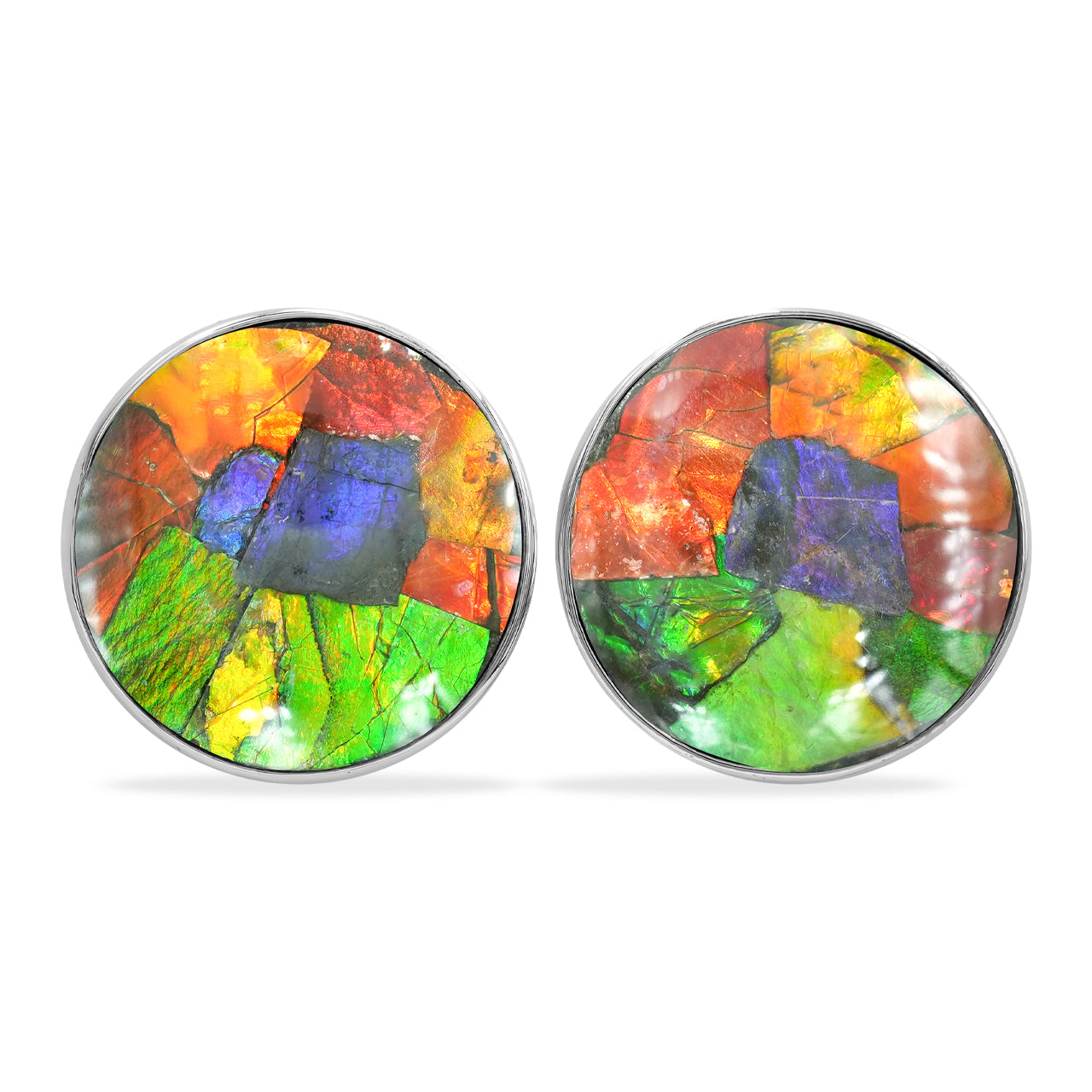 Starborn Round Ammolite Single Bezel Post Earrings in Sterling Silver