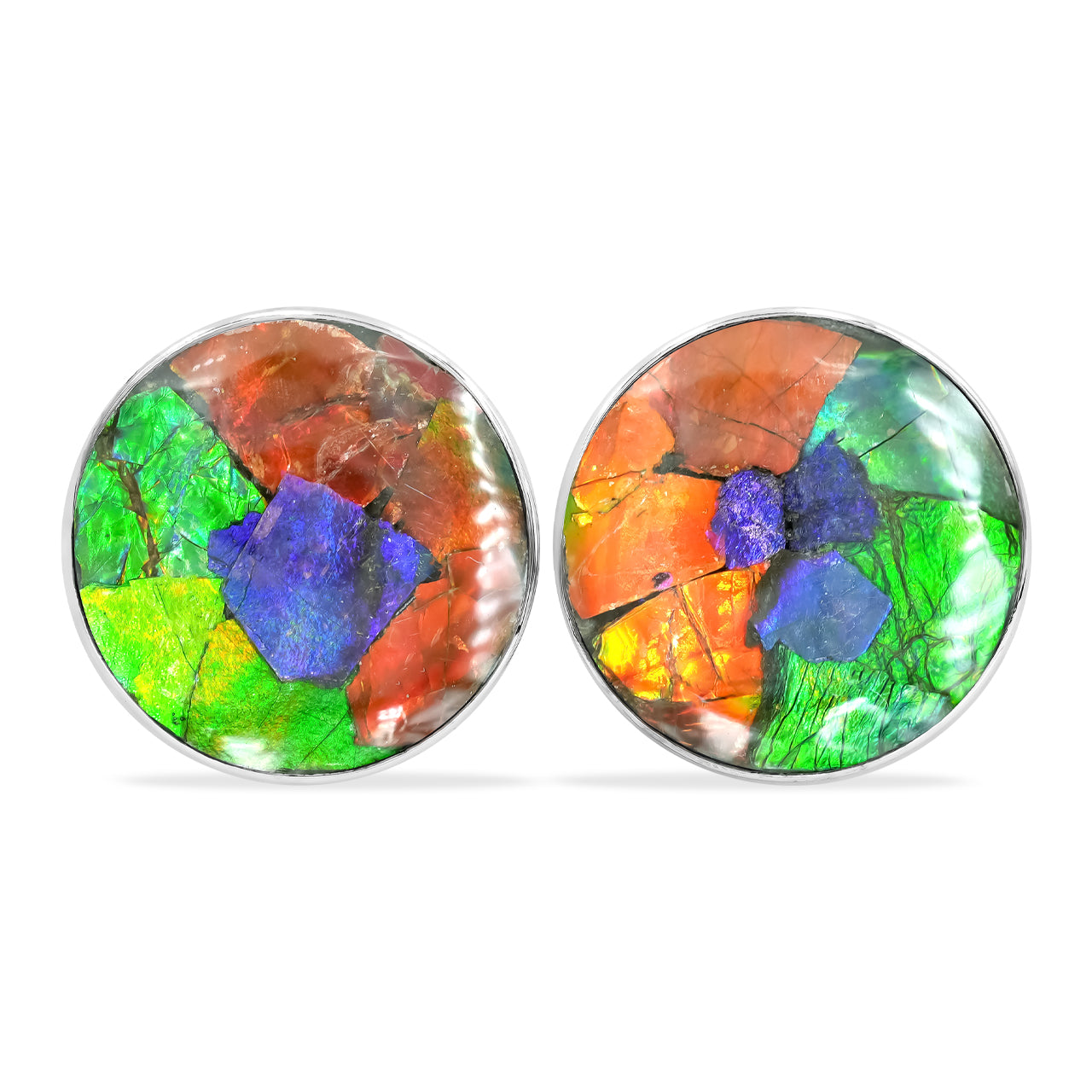 Starborn Round Ammolite Single Bezel Post Earrings in Sterling Silver