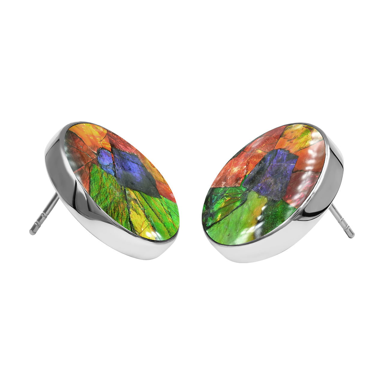 Starborn Round Ammolite Single Bezel Post Earrings in Sterling Silver