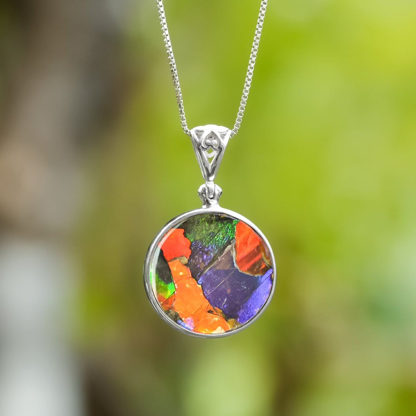 Starborn Ammolite and Sterling Silver Round Pendant with Filigree Bail