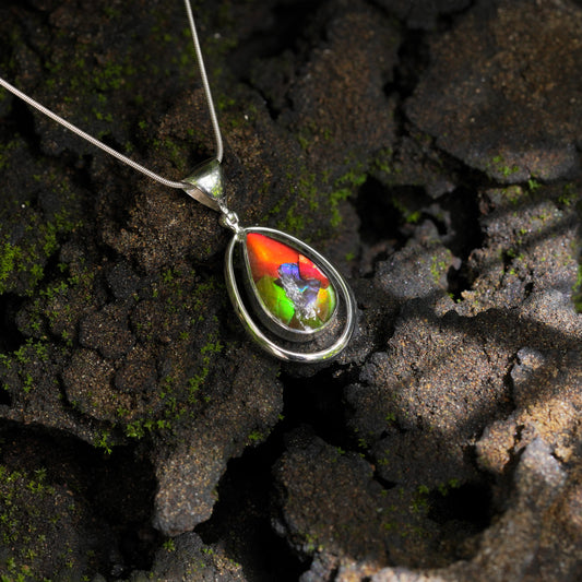 Starborn Ammolite Pear Pendant with Frame in Sterling Silver