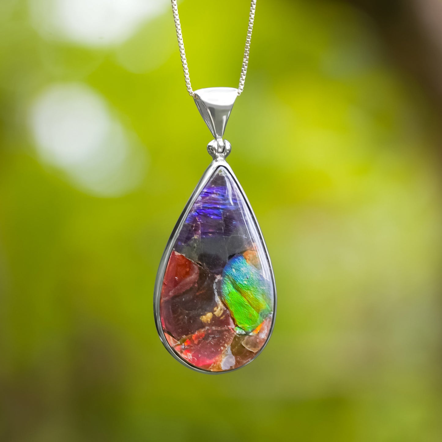 Starborn Ammolite and Sterling Silver pear Shape Pendant - Large