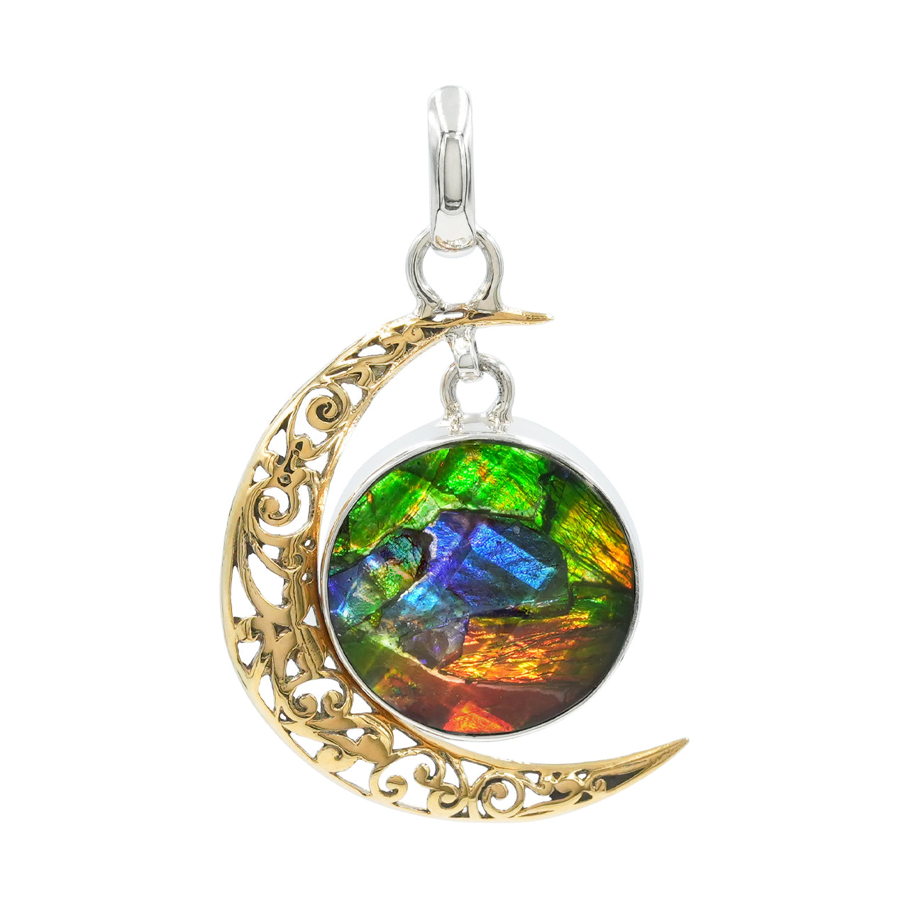 Starborn Faceted Ammolite Doublet with Crescent Moon Accent Pendant in Sterling Silver
