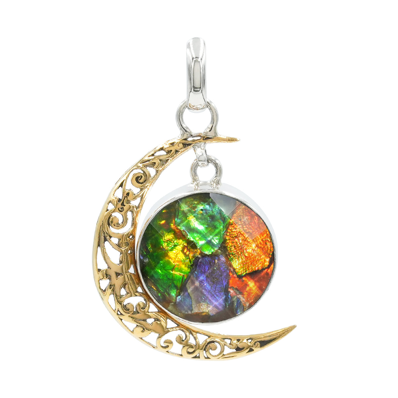 Starborn Faceted Ammolite Doublet with Crescent Moon Accent Pendant in Sterling Silver