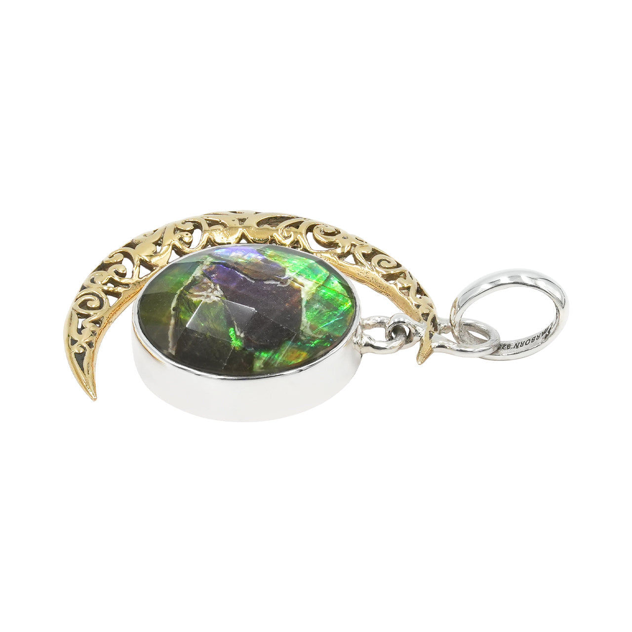 Starborn Faceted Ammolite Doublet with Crescent Moon Accent Pendant in Sterling Silver
