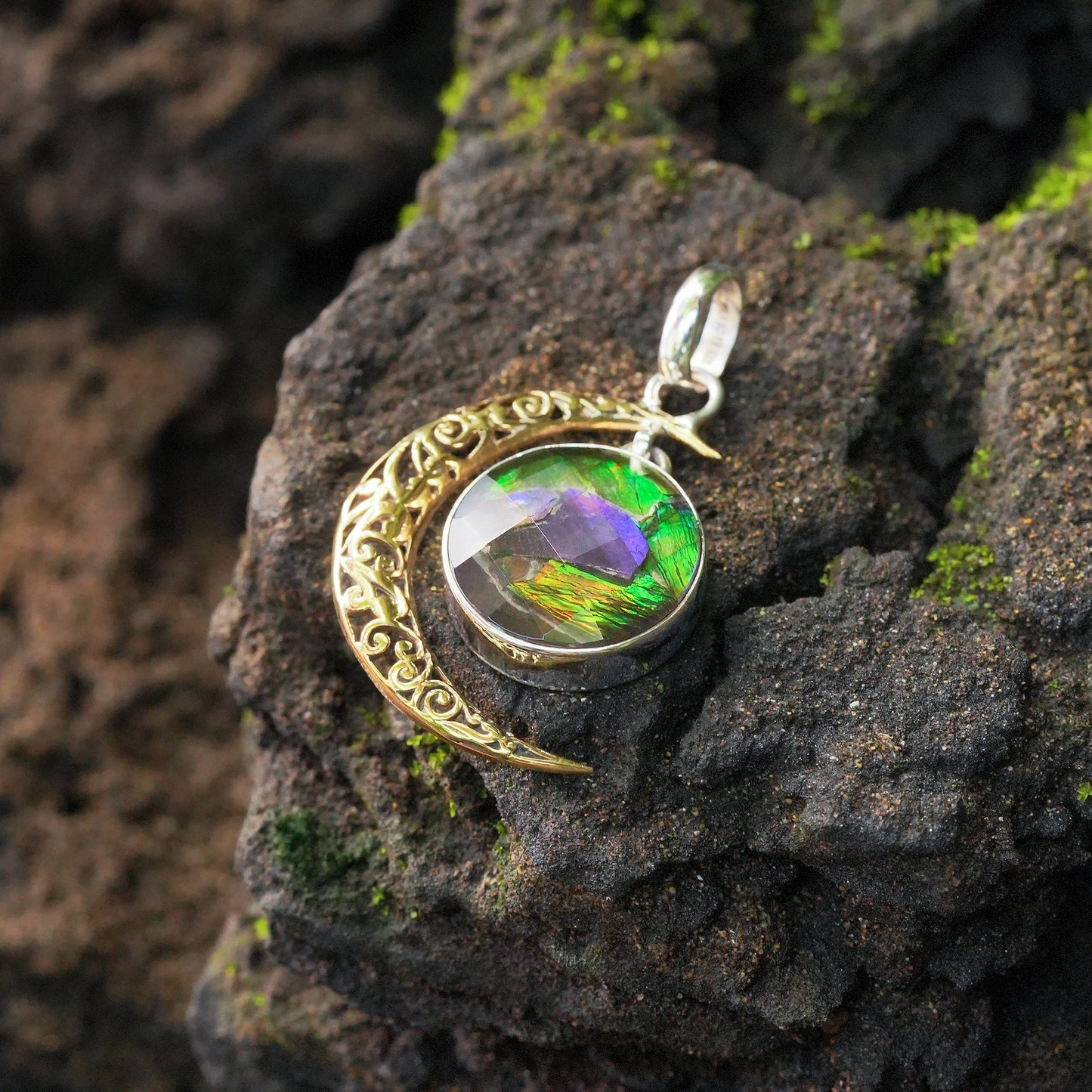 Starborn Faceted Ammolite Doublet with Crescent Moon Accent Pendant in Sterling Silver