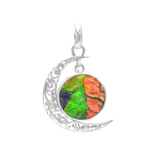 Starborn Faceted Ammolite Doublet with Crescent Moon Accent Pendant in Sterling Silver