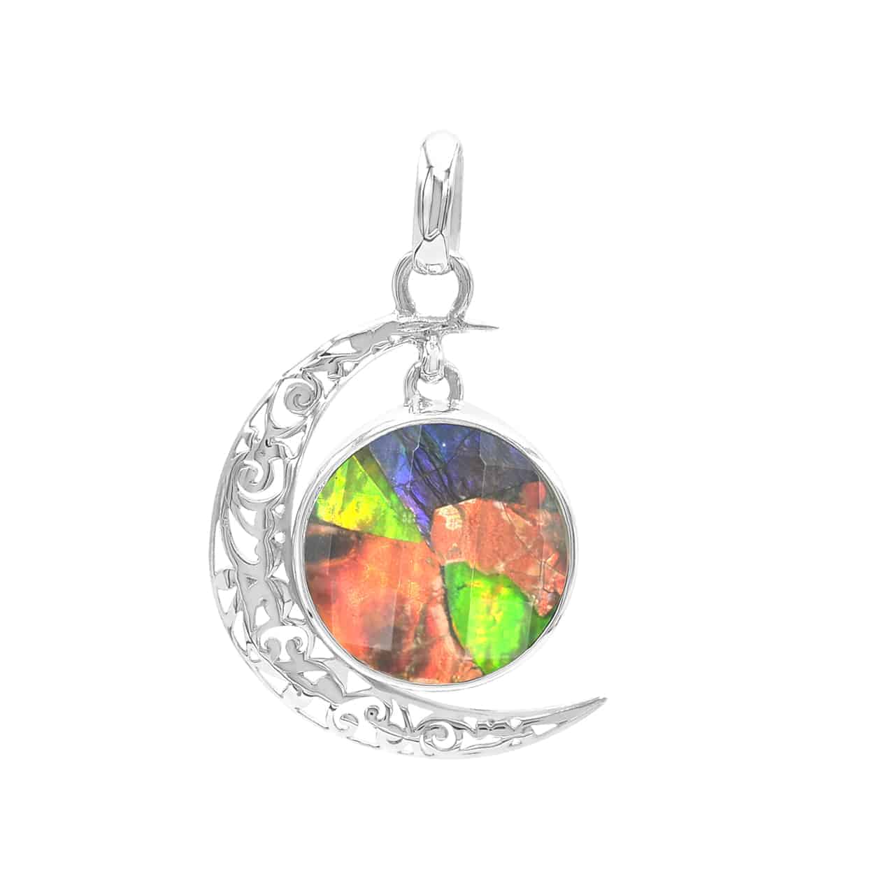Starborn Faceted Ammolite Doublet with Crescent Moon Accent Pendant in Sterling Silver