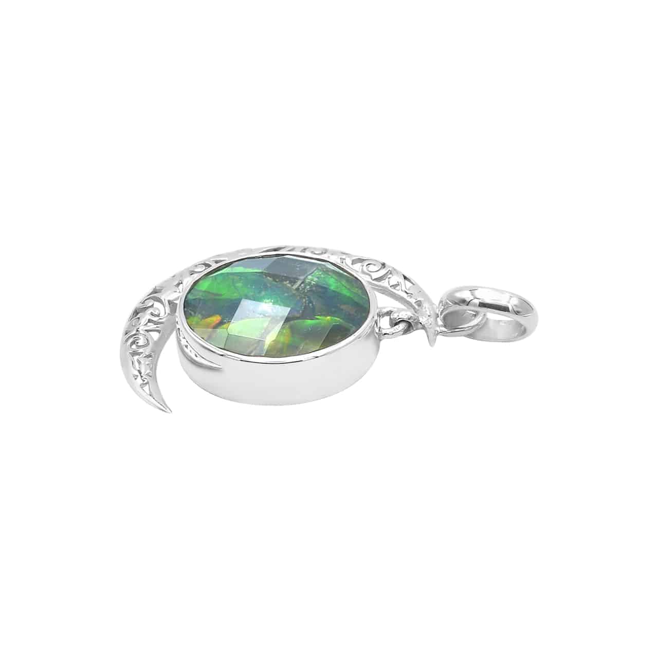Starborn Faceted Ammolite Doublet with Crescent Moon Accent Pendant in Sterling Silver