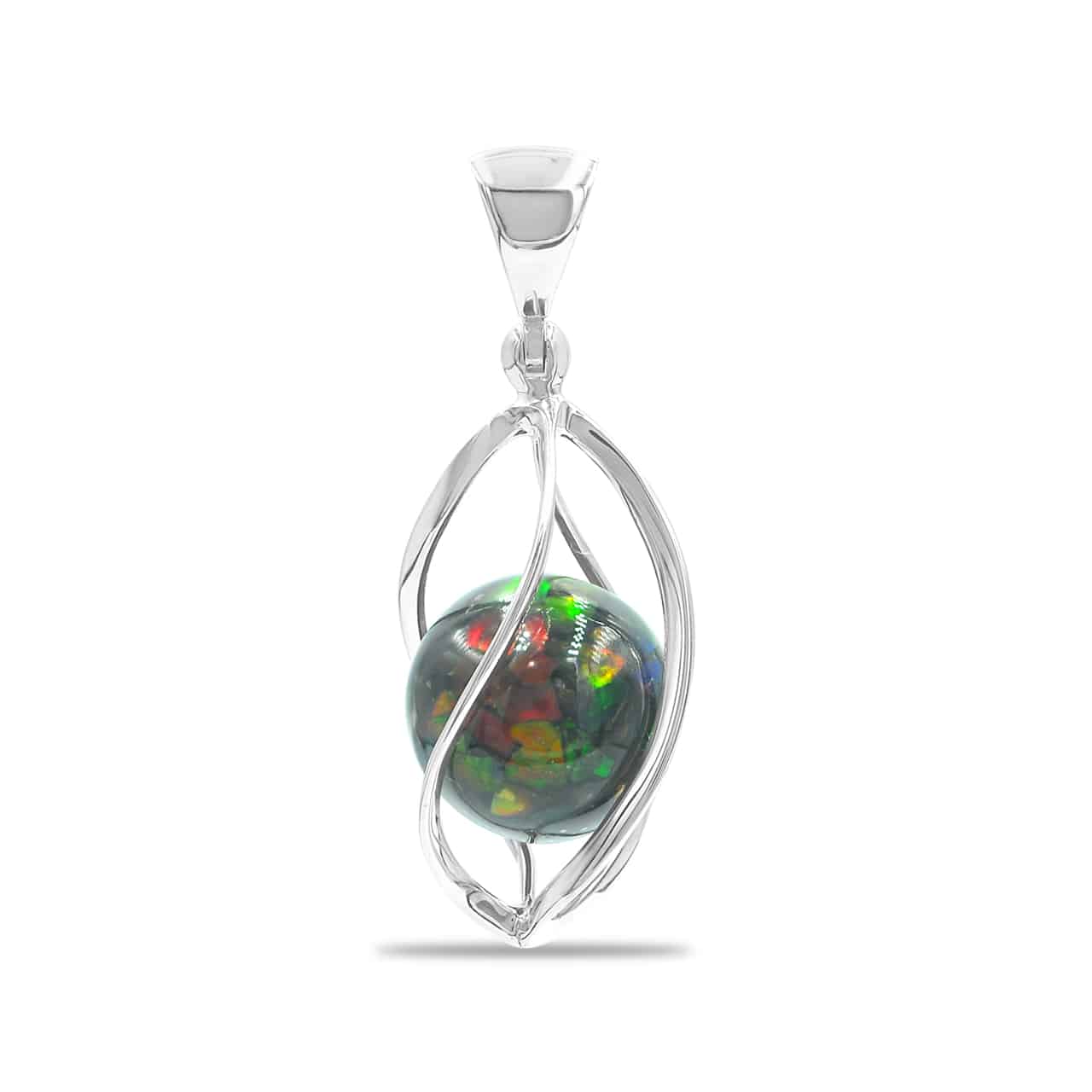 Starborn Ammolite Sphere Spiral Cage Pendant in Sterling Silver