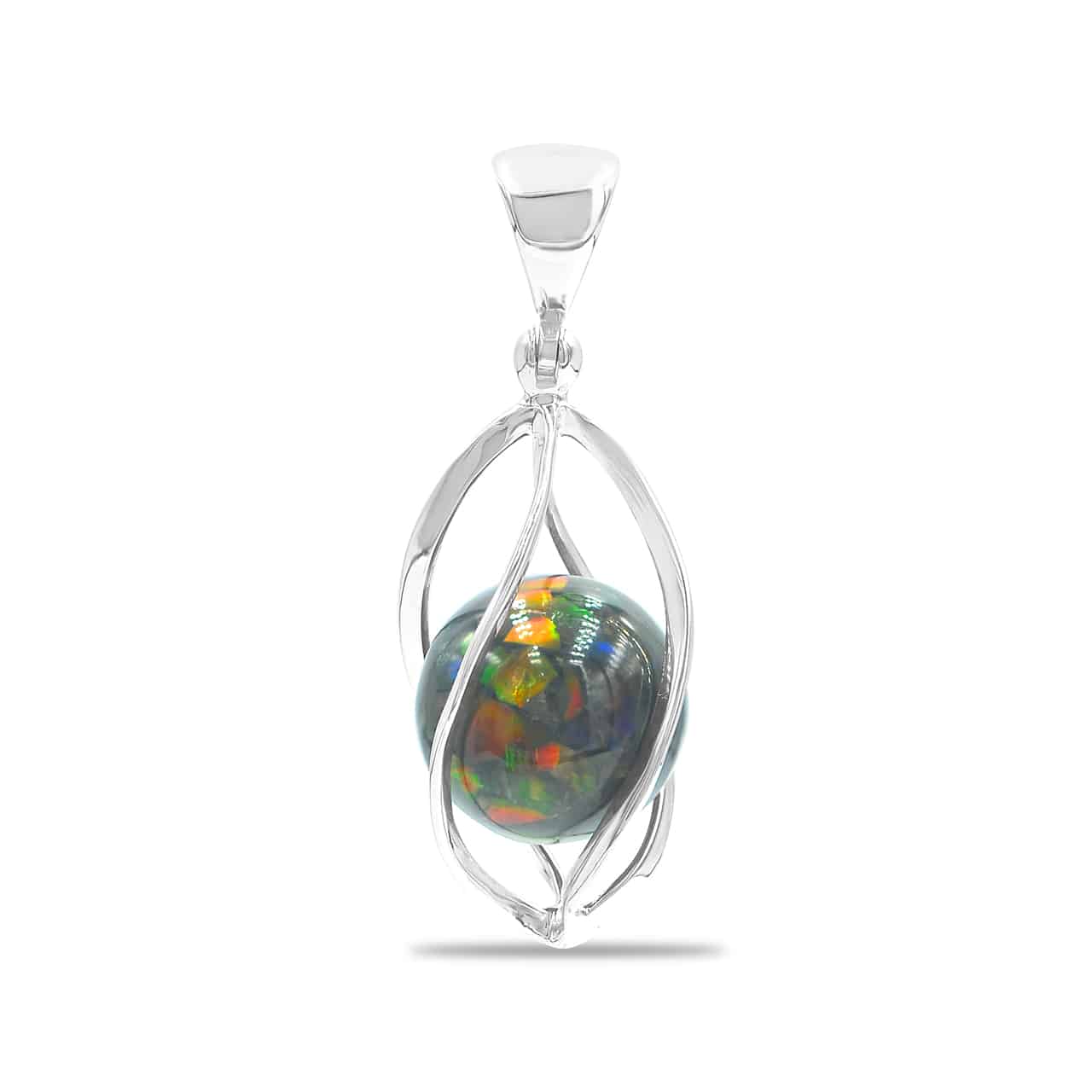 Starborn Ammolite Sphere Spiral Cage Pendant in Sterling Silver
