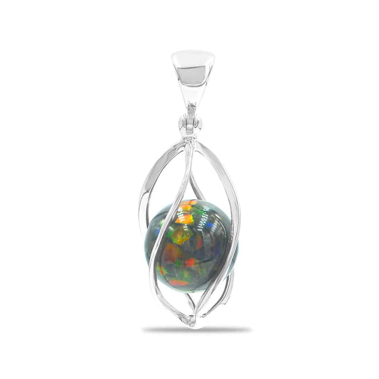 Starborn Ammolite Sphere Spiral Cage Pendant in Sterling Silver