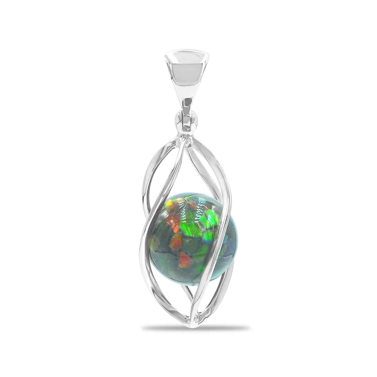 Starborn Ammolite Sphere Spiral Cage Pendant in Sterling Silver