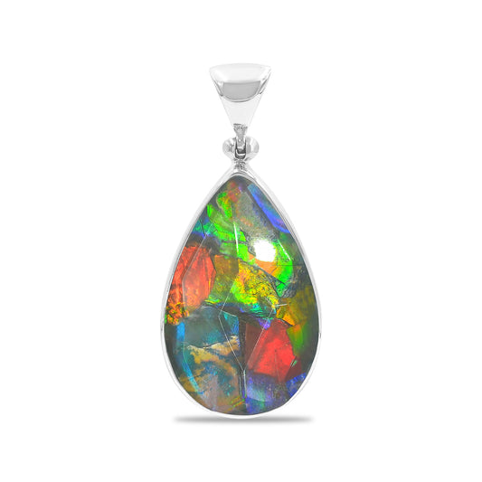 Starborn Ammolite and Faceted Quartz Pear Shaped Pendant in Sterling Silver - MD