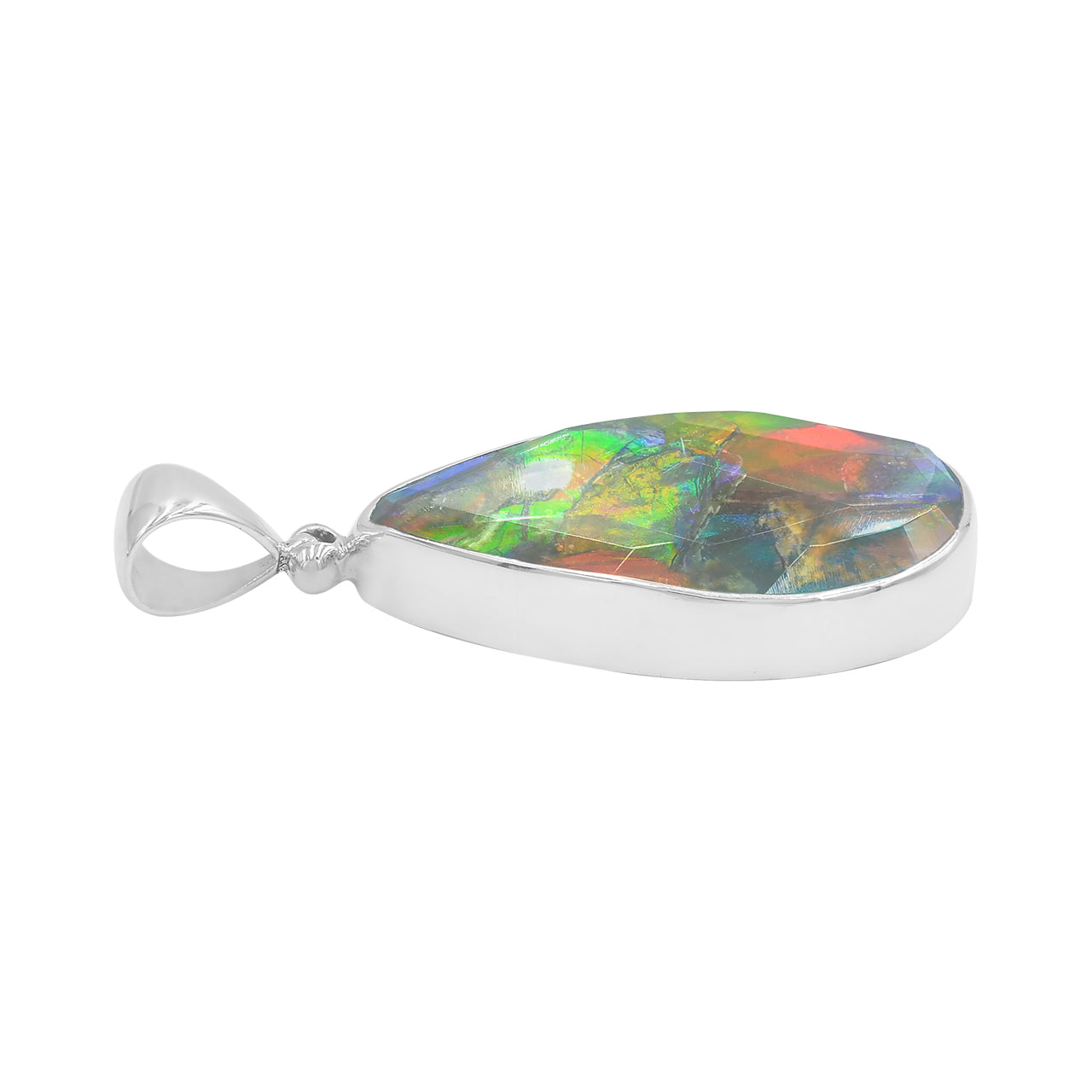 Starborn Ammolite and Faceted Quartz Pear Shaped Pendant in Sterling Silver - MD
