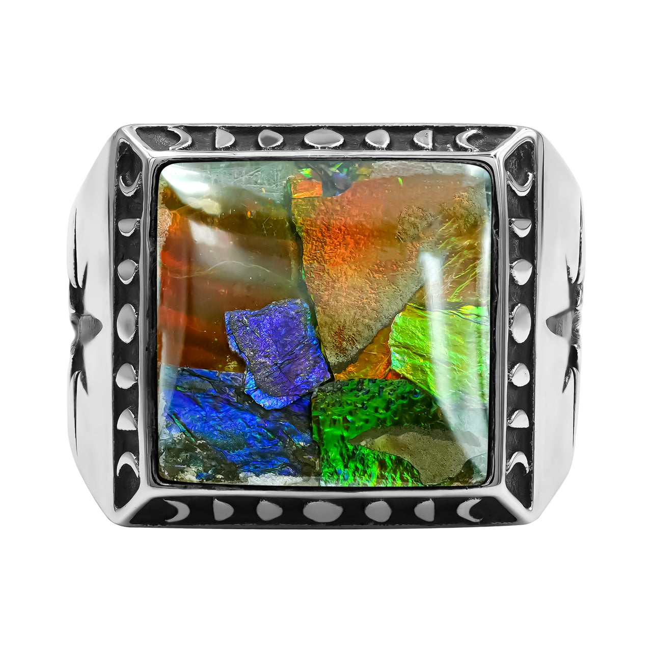 Starborn Ammolite Inlay Square Men's Ring with Octagram in Sterling Silver