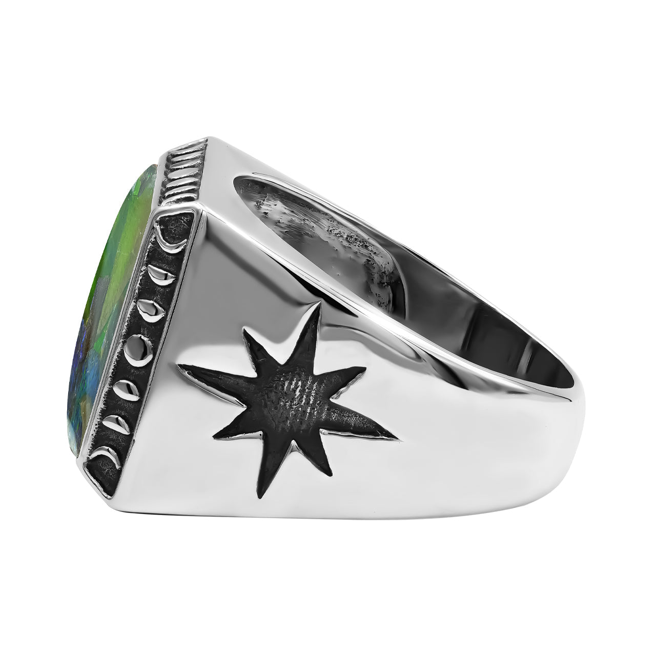 Starborn Ammolite Inlay Square Men's Ring with Octagram in Sterling Silver