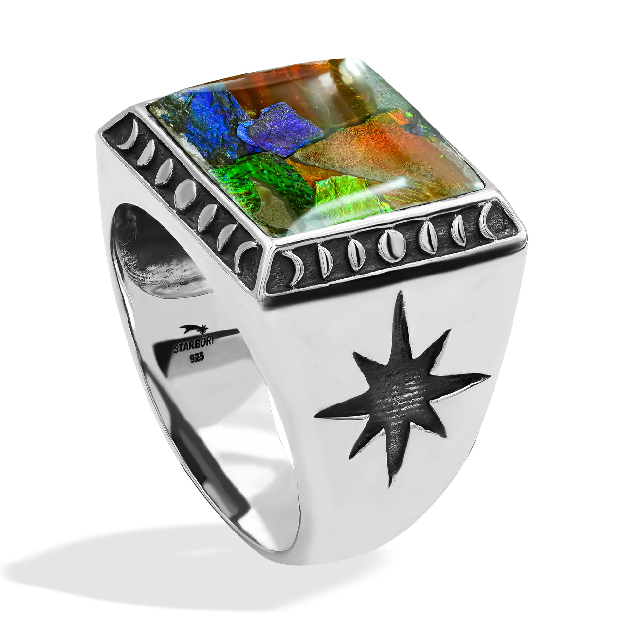 Starborn Ammolite Inlay Square Men's Ring with Octagram in Sterling Silver