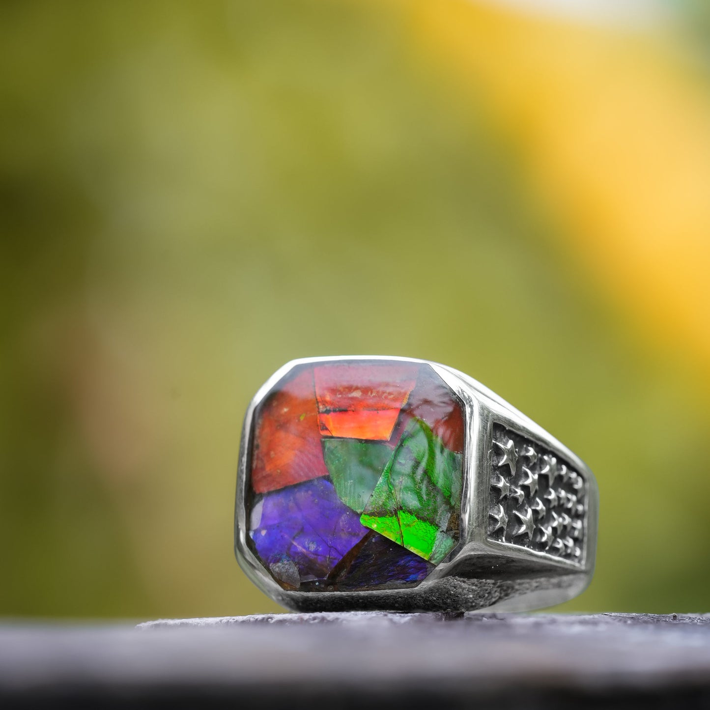 Starborn Ammolite Inlay Octagon Signet Men's Ring in Sterling Silver