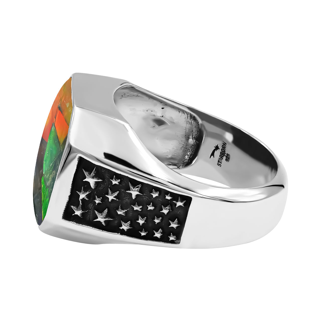 Starborn Ammolite Inlay Octagon Signet Men's Ring in Sterling Silver