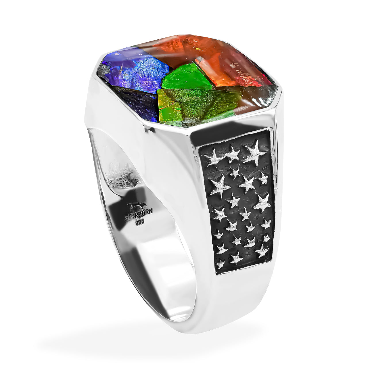 Starborn Ammolite Inlay Octagon Signet Men's Ring in Sterling Silver