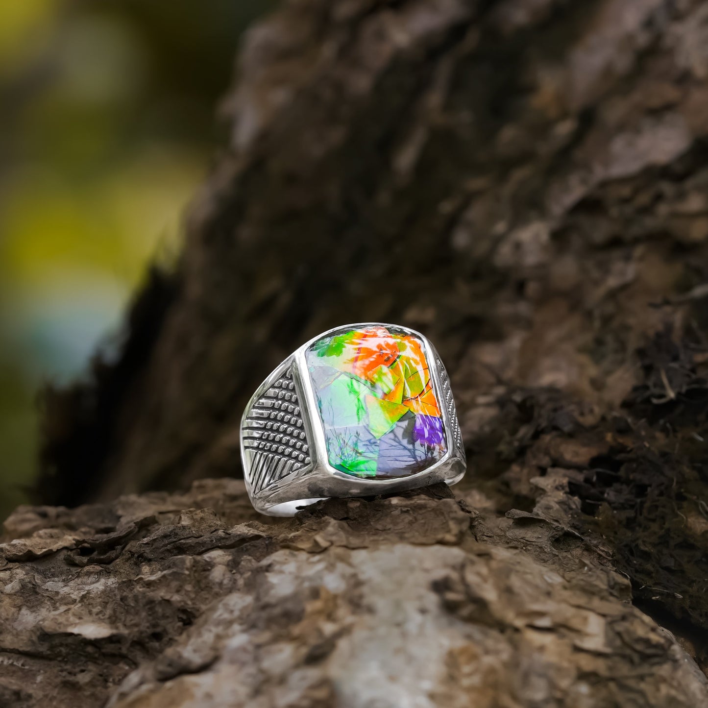 Starborn Ammolite Inlay Cushion-Shaped Men's Style Ring in Sterling Silver