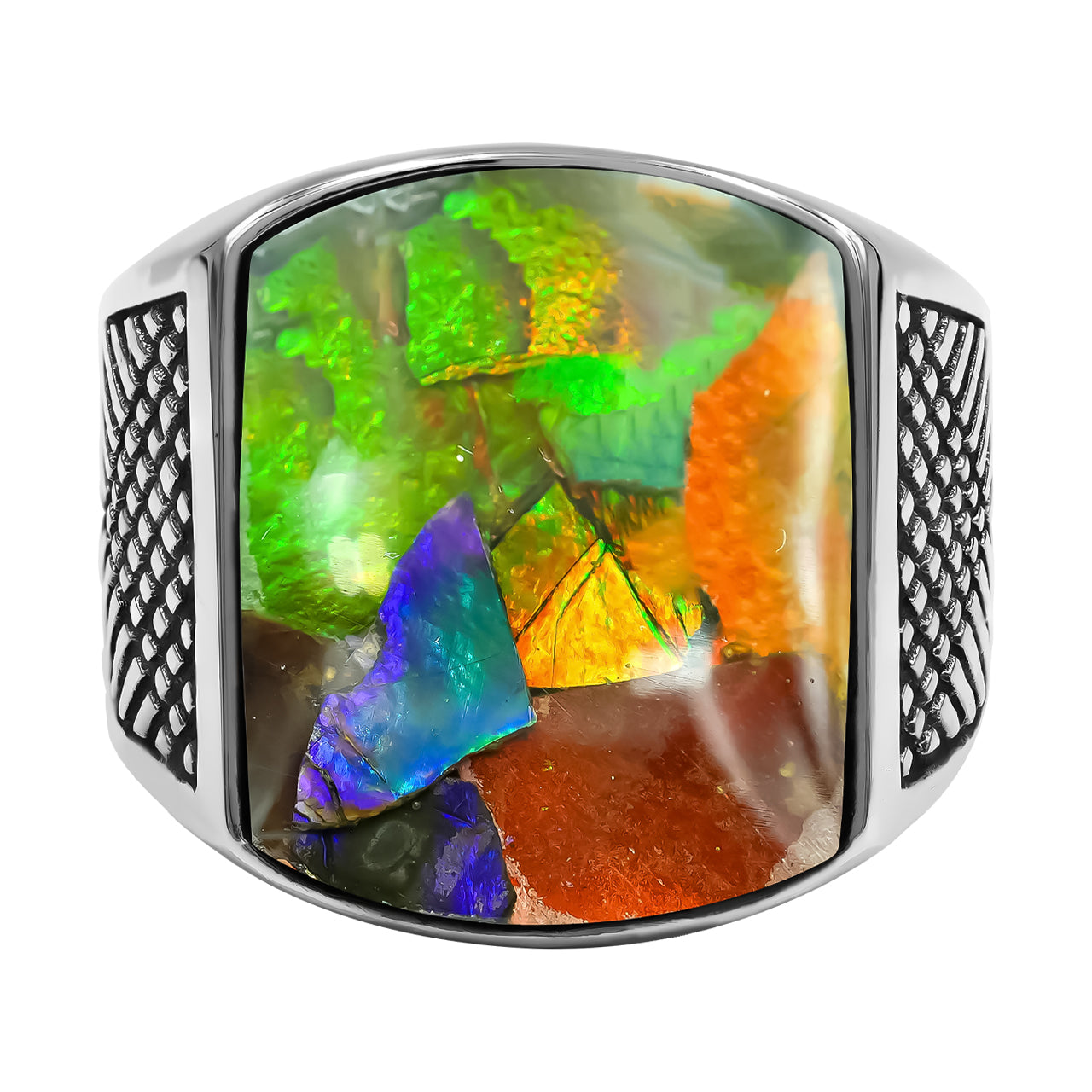 Starborn Ammolite Inlay Cushion-Shaped Men's Style Ring in Sterling Silver