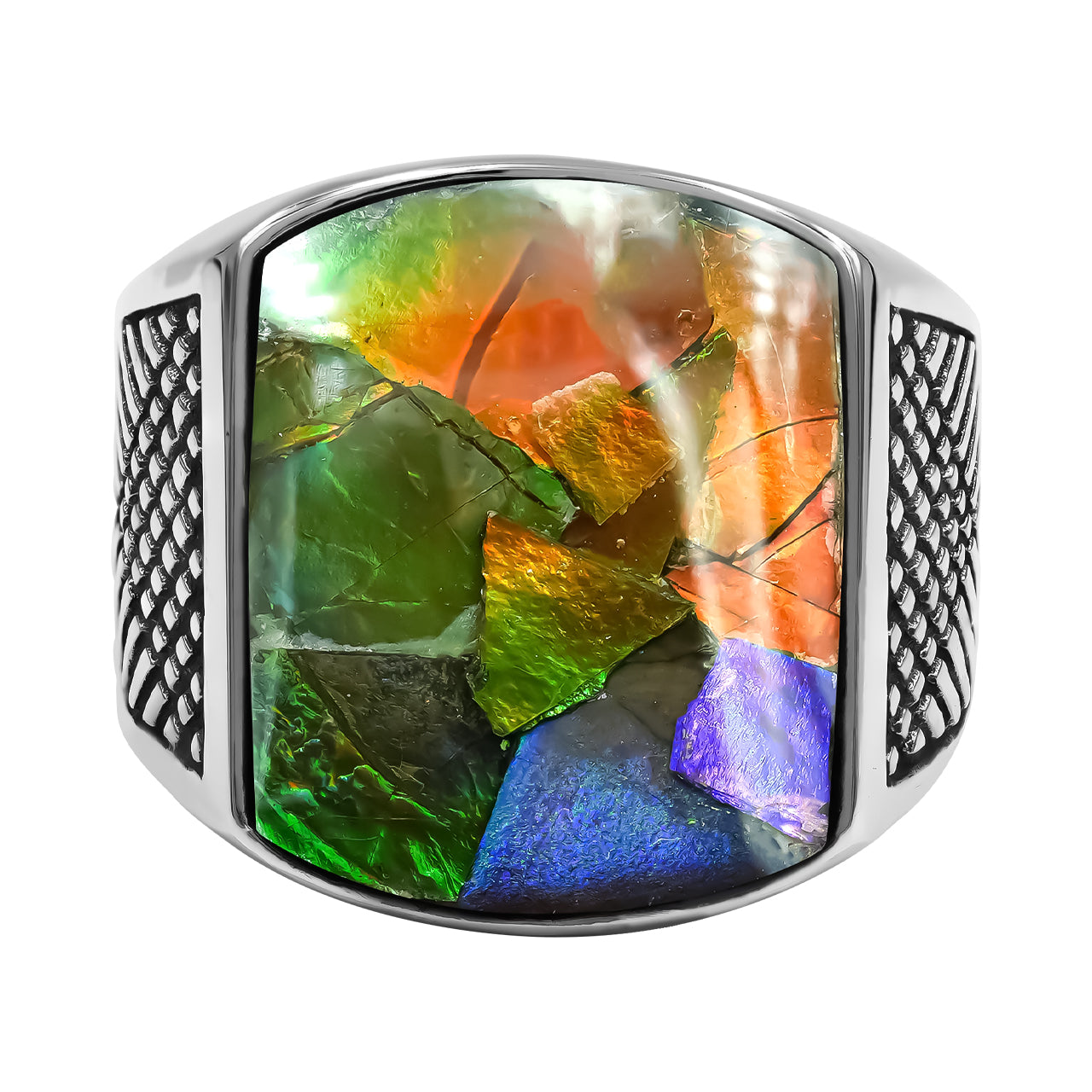Starborn Ammolite Inlay Cushion-Shaped Men's Style Ring in Sterling Silver